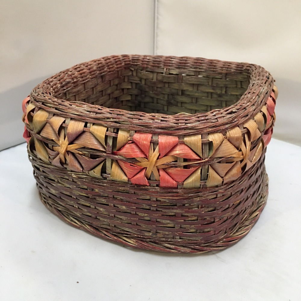 Woven Splint Basket‎ OS Brown Pink Flower Pattern Square Basket Cottagecore